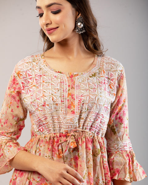 Meher Mulmul Pink Printed Short Kurta