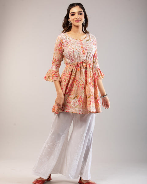 Meher Mulmul Pink Printed Short Kurta