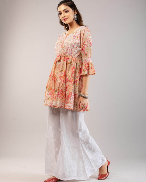 Meher Mulmul Pink Printed Short Kurta