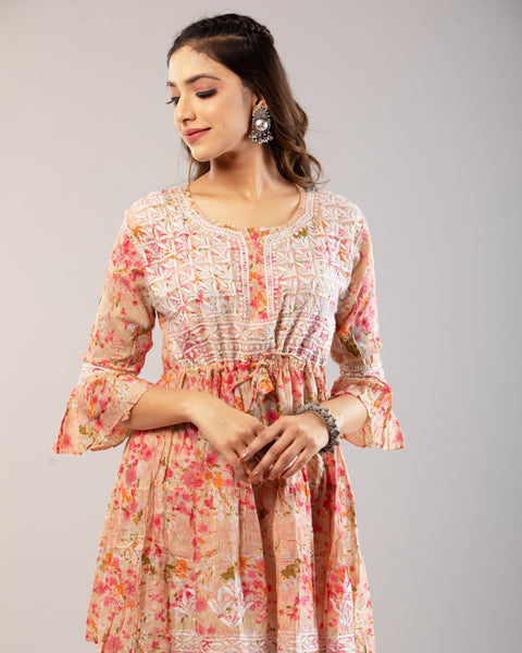 Meher Mulmul Pink Printed Short Kurta