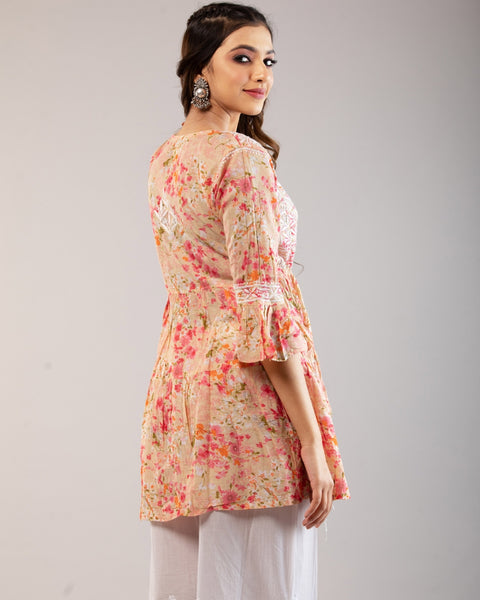 Meher Mulmul Pink Printed Short Kurta