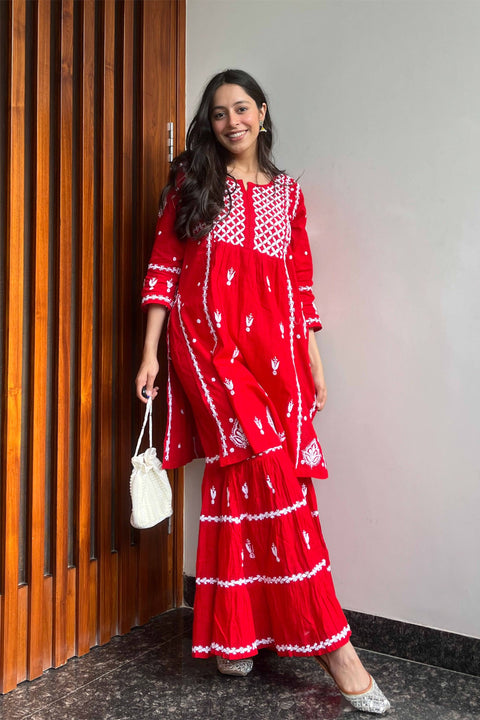 Ada Red Cotton Gharara Set