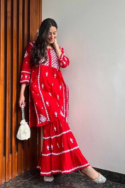 Ada Red Cotton Gharara Set