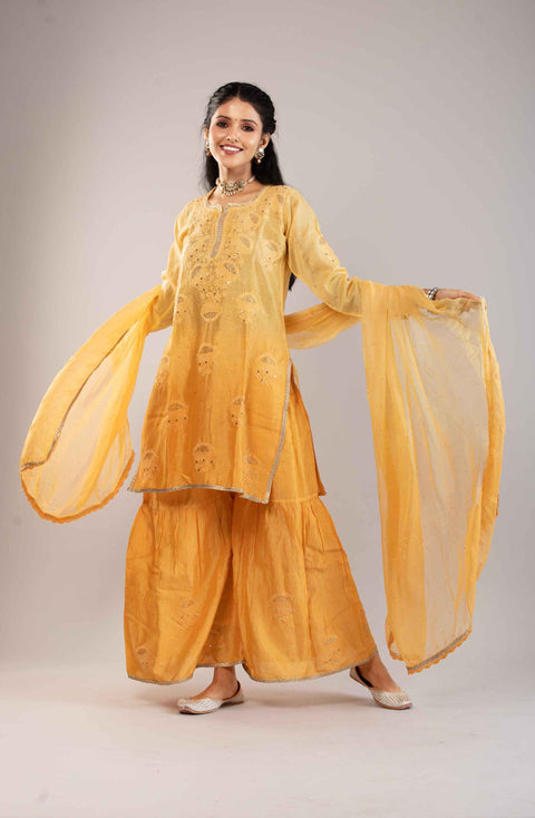 Anam Ombre Yellow Chanderi Gharara Set With Chiffon Dupatta