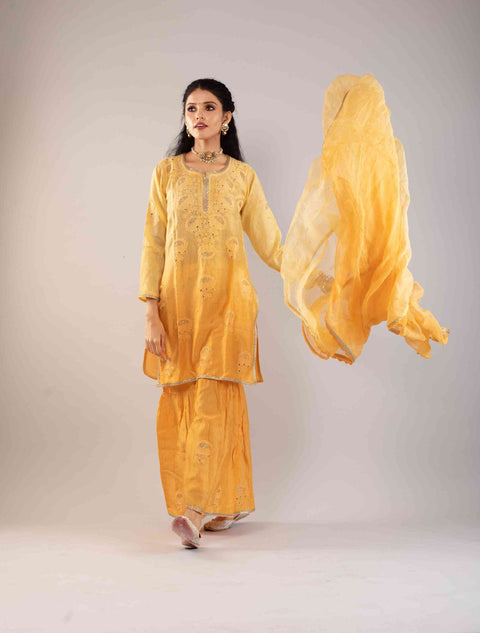 Anam Ombre Yellow Chanderi Gharara Set With Chiffon Dupatta