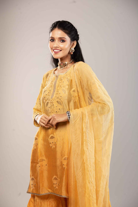 Anam Ombre Yellow Chanderi Gharara Set With Chiffon Dupatta