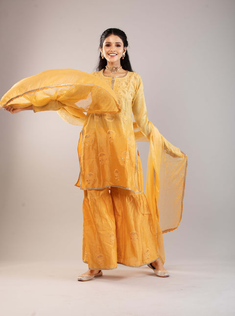 Anam Ombre Yellow Chanderi Gharara Set With Chiffon Dupatta