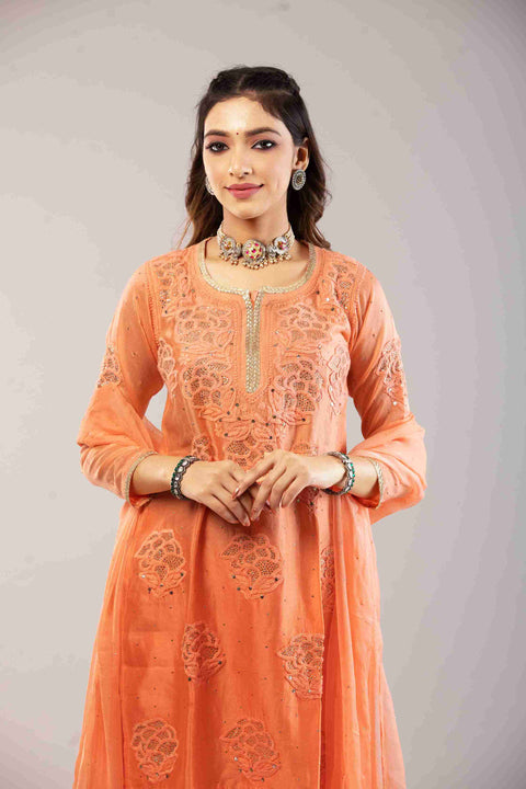 Anam Ombre Orange Chanderi Gharara Set With Chiffon Dupatta