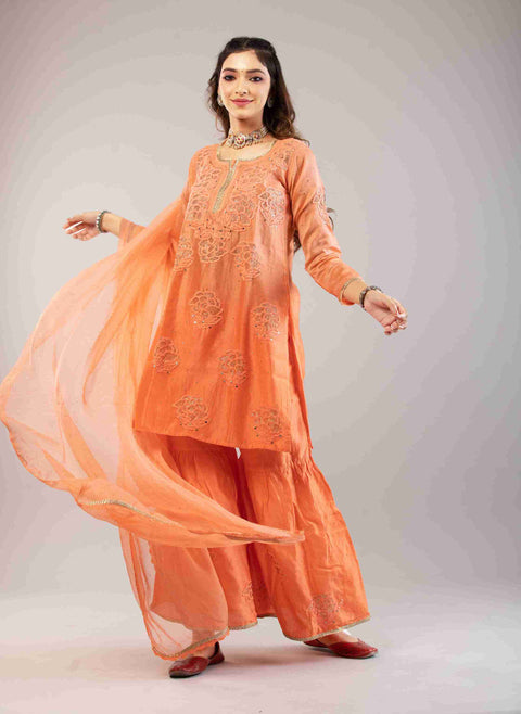 Anam Ombre Orange Chanderi Gharara Set With Chiffon Dupatta