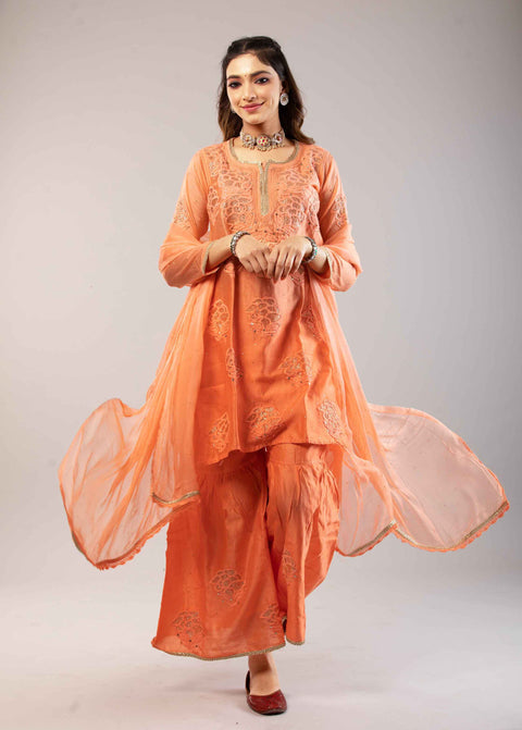 Anam Ombre Orange Chanderi Gharara Set With Chiffon Dupatta