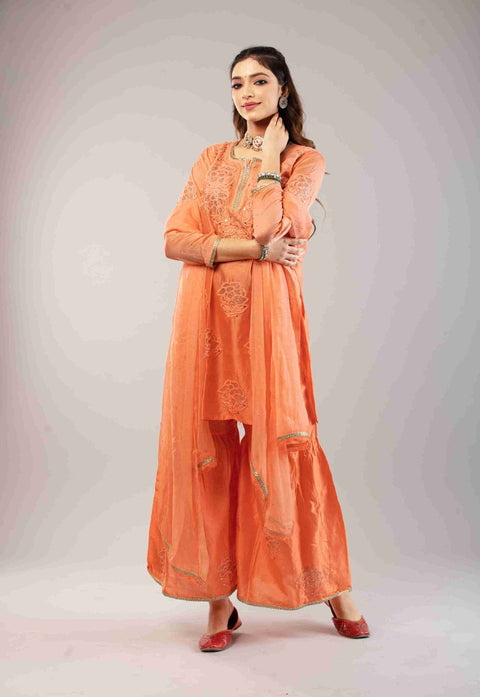 Anam Ombre Orange Chanderi Gharara Set With Chiffon Dupatta