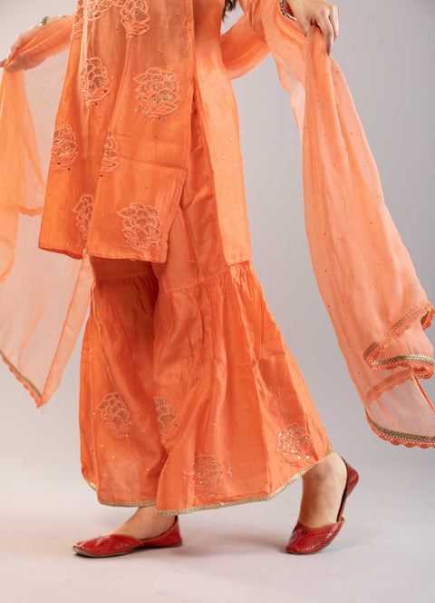 Anam Ombre Orange Chanderi Gharara Set With Chiffon Dupatta