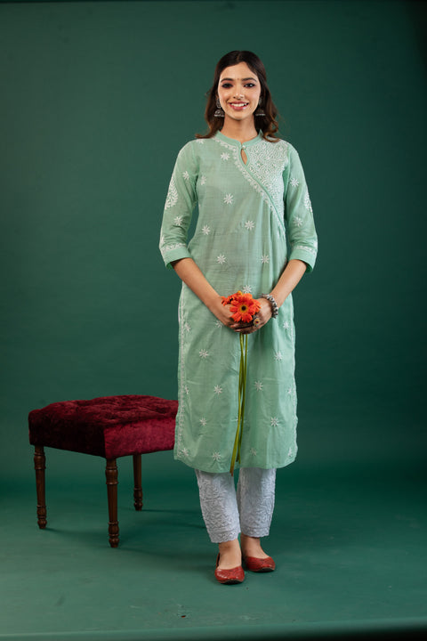 Misha Sea Green Slim Fit Cotton Straight Kurta