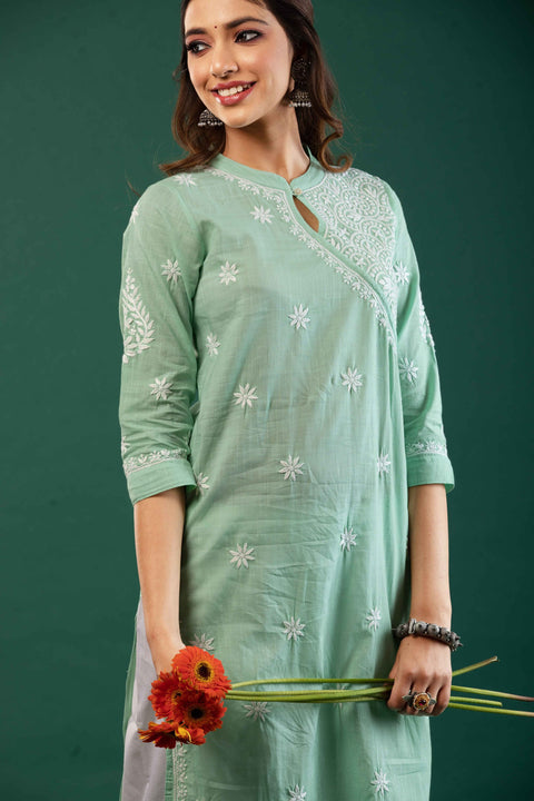 Misha Sea Green Slim Fit Cotton Straight Kurta