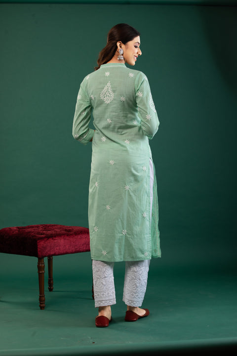 Misha Sea Green Slim Fit Cotton Straight Kurta