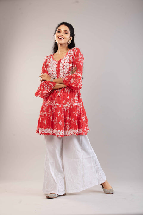 Saahiba Red Mulmul Printed Short Kurta Straight