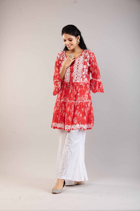 Saahiba Red Mulmul Printed Short Kurta Straight