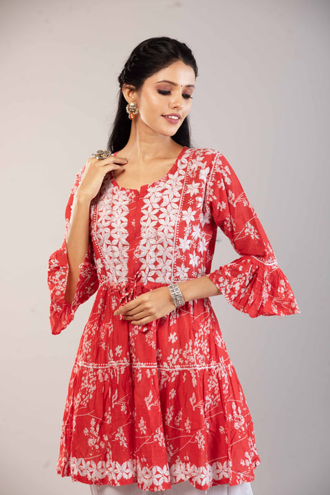 Saahiba Red Mulmul Printed Short Kurta Straight