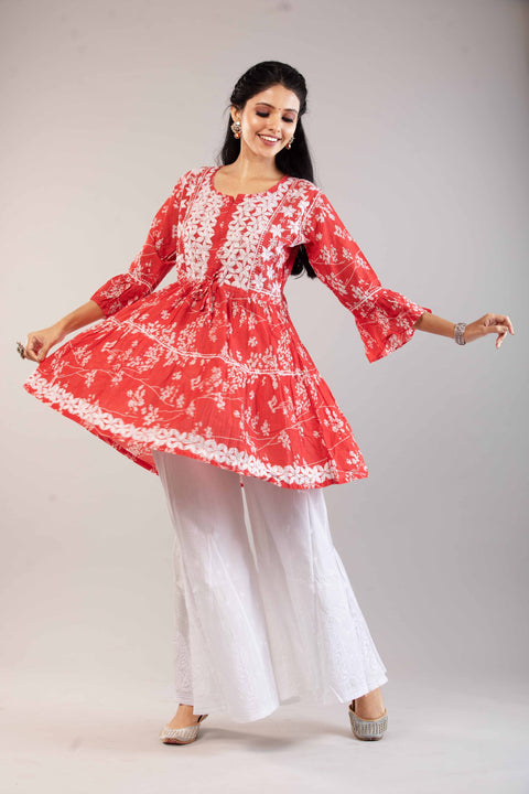 Saahiba Red Mulmul Printed Short Kurta Straight