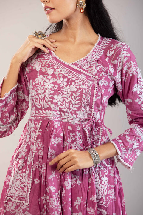 Mahira Pink Mulmul Printed A Line Angrakha