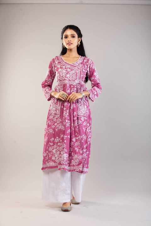 Mahira Pink Mulmul Printed A Line Angrakha