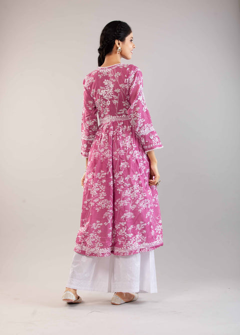 Mahira Pink Mulmul Printed A Line Angrakha