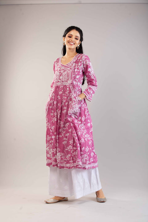 Mahira Pink Mulmul Printed A Line Angrakha