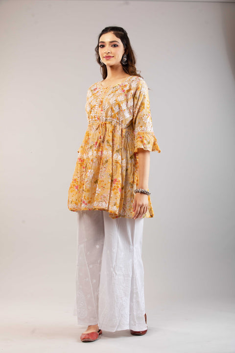 Meher Mulmul Yellow Printed Short Kurta