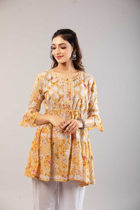 Meher Mulmul Yellow Printed Short Kurta