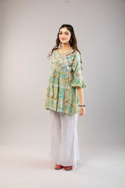 Meher Mulmul Green Printed Short Kurta