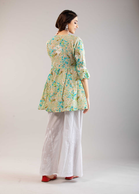 Meher Mulmul Green Printed Short Kurta