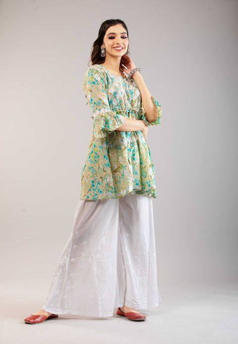 Meher Mulmul Green Printed Short Kurta