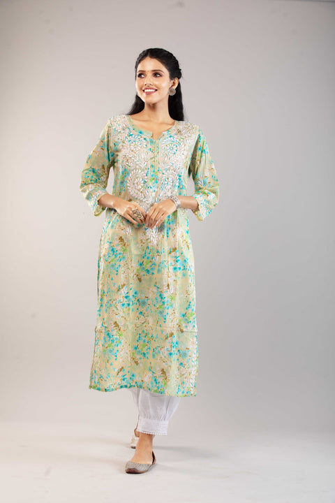 Ria Mulmul Green Printed Straight Kurta