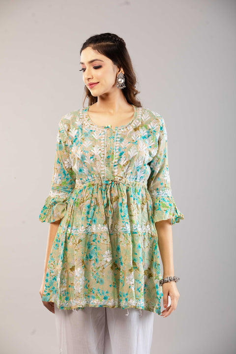 Ria Mulmul Green Printed Straight Kurta