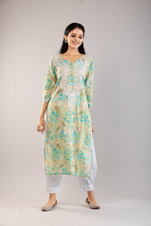 Ria Mulmul Green Printed Straight Kurta