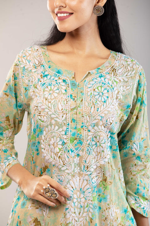 Ria Mulmul Green Printed Straight Kurta