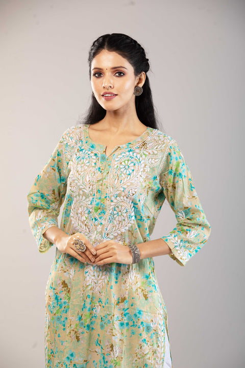 Ria Mulmul Green Printed Straight Kurta