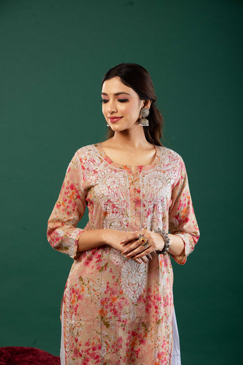 Ria Mulmul Pink Printed Straight Kurta