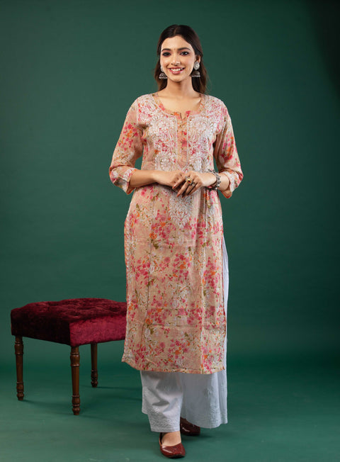 Ria Mulmul Pink Printed Straight Kurta