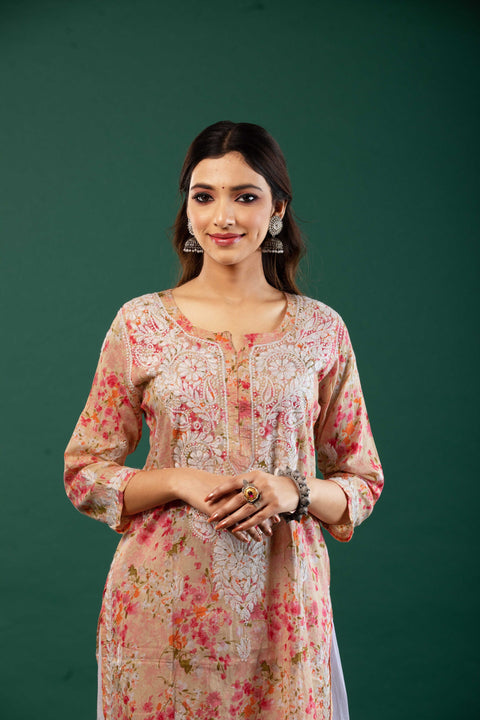 Ria Mulmul Pink Printed Straight Kurta