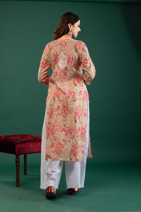 Ria Mulmul Pink Printed Straight Kurta